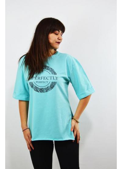 Imperfectly Baskılı Duble Kol Yırtmaçlı Oversize Kadın T-Shirt Turkuaz