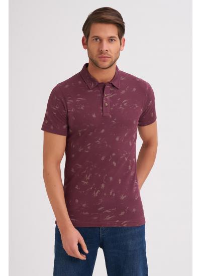 Çizgi Triko Erkek Slim Fit Polo Yaka Tişört Desenli Kolu Lastikli Kumaş %100 Pamuk - Mürdüm