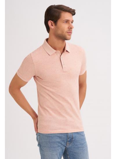 Çizgi Triko Erkek Slim Fit Polo Yaka Tişört Kolu Lastikli Kumaş %100 Pamuk - Pudra