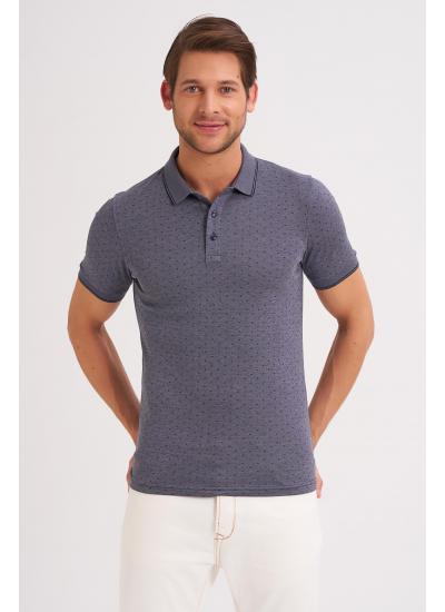 Çizgi Triko Erkek Slim Fit Polo Yaka Tişört Nokta Desenli Kolu Lastikli - Lacivert