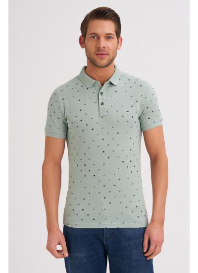 Çizgi Triko Erkek Tişört Slim Fit Polo Yaka Kolu Lastikli Desenli %100 Pamuk Kumaş - Yeşil