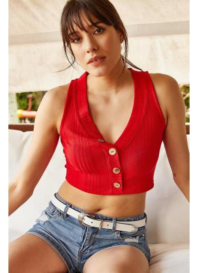 Kadın Kırmızı V Yaka Crop Top