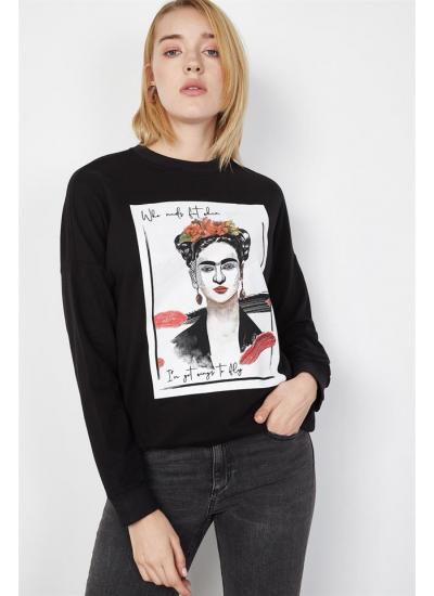 Kadın Siyah Baskılı Sweatshirt