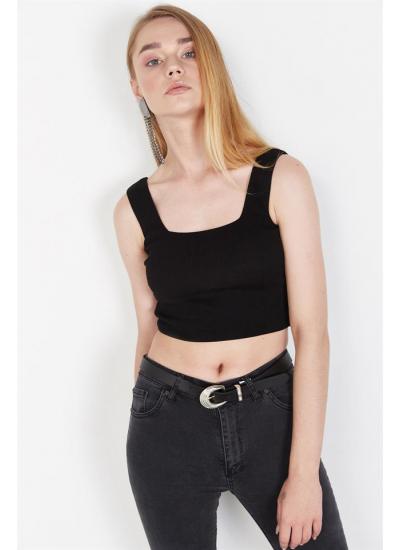 Kadın Siyah Kalın Askılı Triko Crop Top