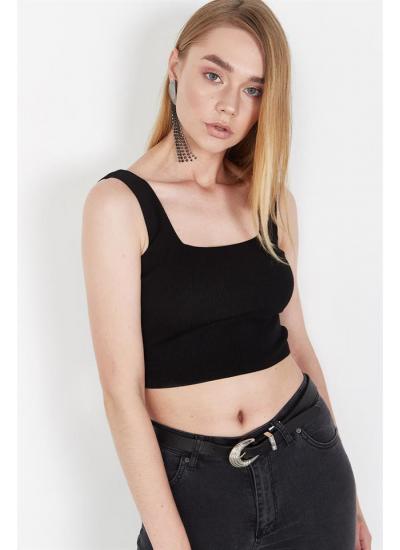 Kadın Siyah Kalın Askılı Triko Crop Top