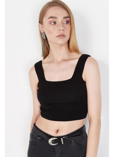 Kadın Siyah Kalın Askılı Triko Crop Top