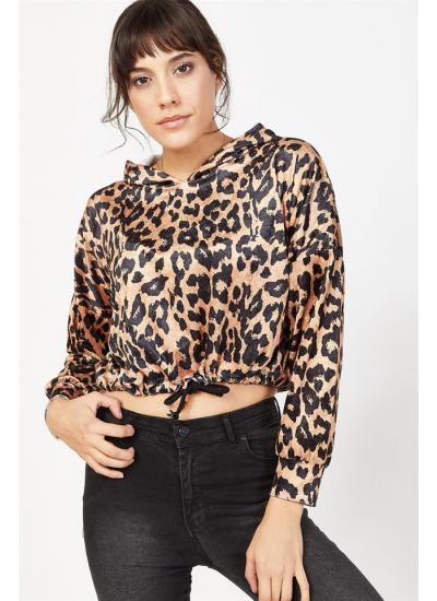 Kadın Siyah Leopar Desenli Kadife Sweatshirt