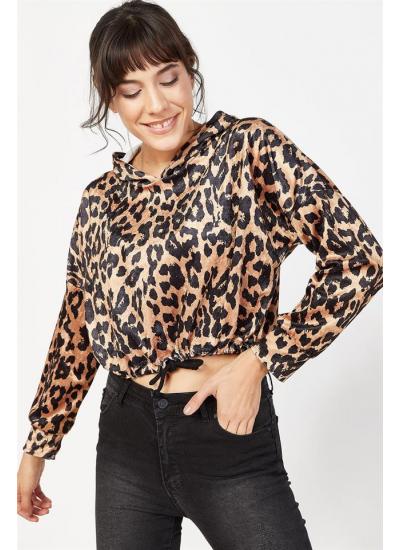 Kadın Siyah Leopar Desenli Kadife Sweatshirt